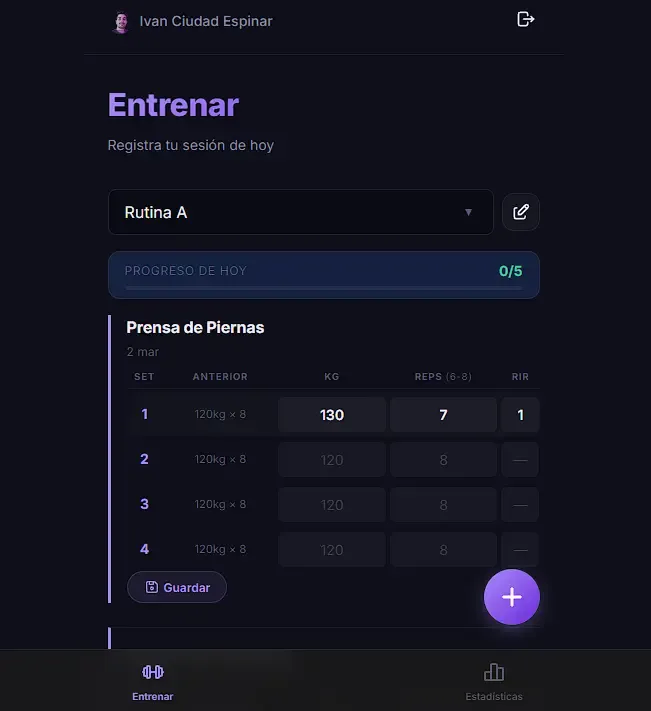 Captura de la aplicación GymTracker, PWA para seguimiento de entrenamientos creada por Iván Ciudad Espinar
